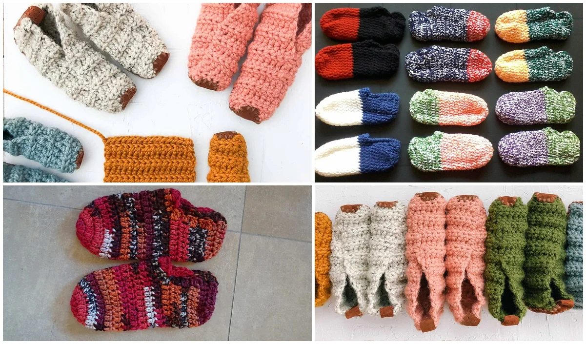 A delightful grid of crocheted slippers showcases a vibrant array of colors and patterns, each pair exuding charm. These cozy One Hour Slippers are perfect for a quick crafting session or gifting to loved ones.