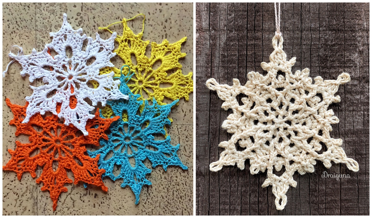 A vibrant array of colorful crocheted snowflakes decorates the left, contrasting beautifully with a singular cream-colored crocheted snowflake on the right.