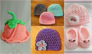 A collage of crochet baby items: a fruit-themed preemie hat, four colorful hats with accents, and a pair of pink booties adorned with flower decorations.