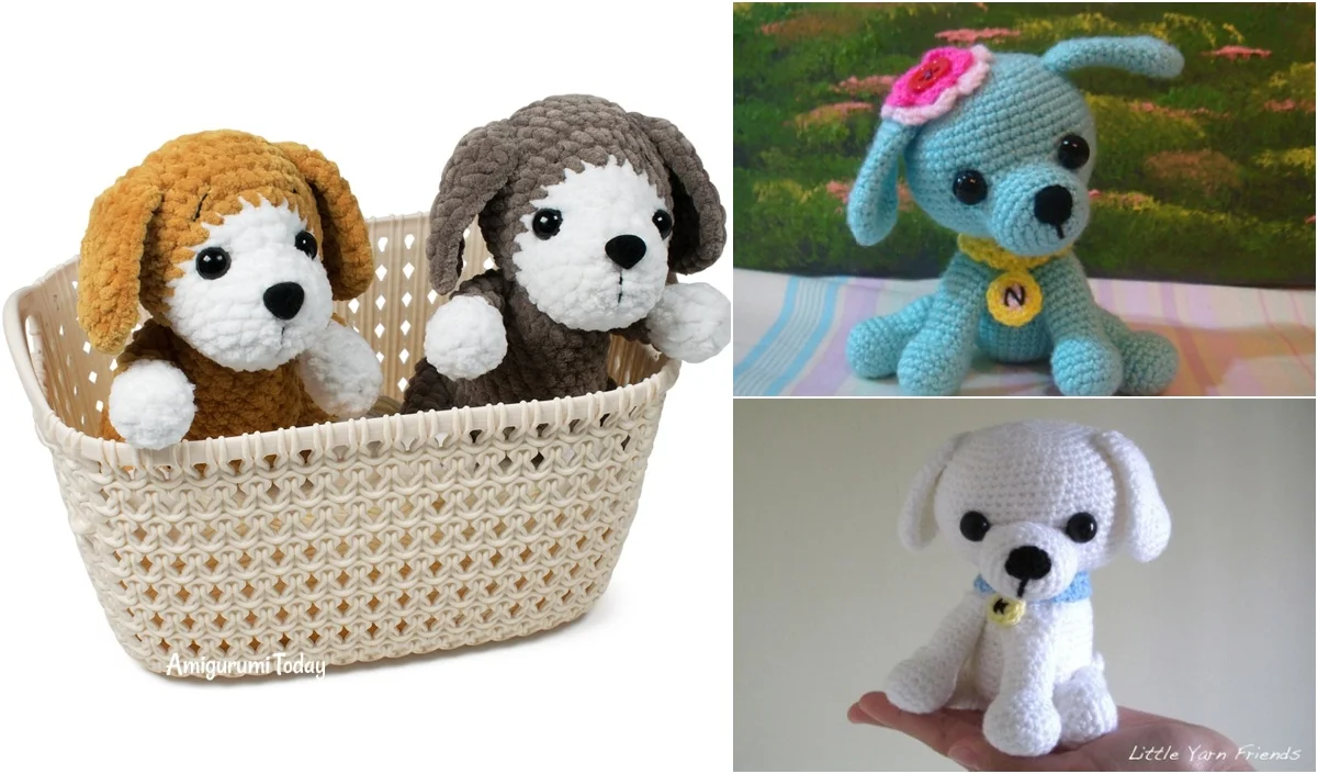 A basket with two crocheted little puppies on the left and two separate crocheted dogs on the right, one blue and one white.