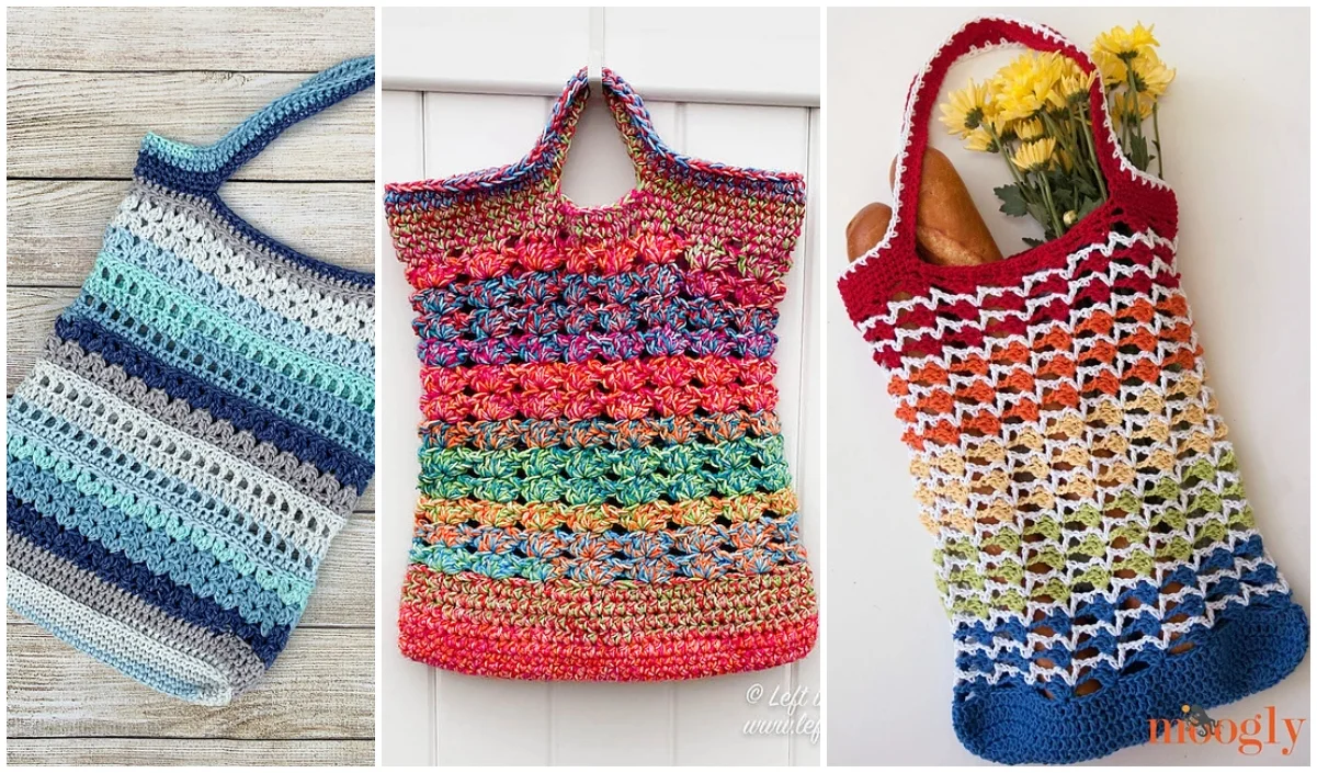 Three crocheted market bags: one with blue tones, one with multicolored stripes, and one with a rainbow pattern, each displayed on different backgrounds.