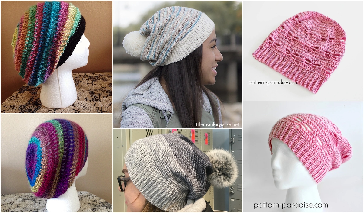 A collage showcases six knitted hats, including a stylish thin slouch design, in various colors and styles. These hats are elegantly displayed on mannequins and worn by people, offering a chic blend of fashion and functionality.