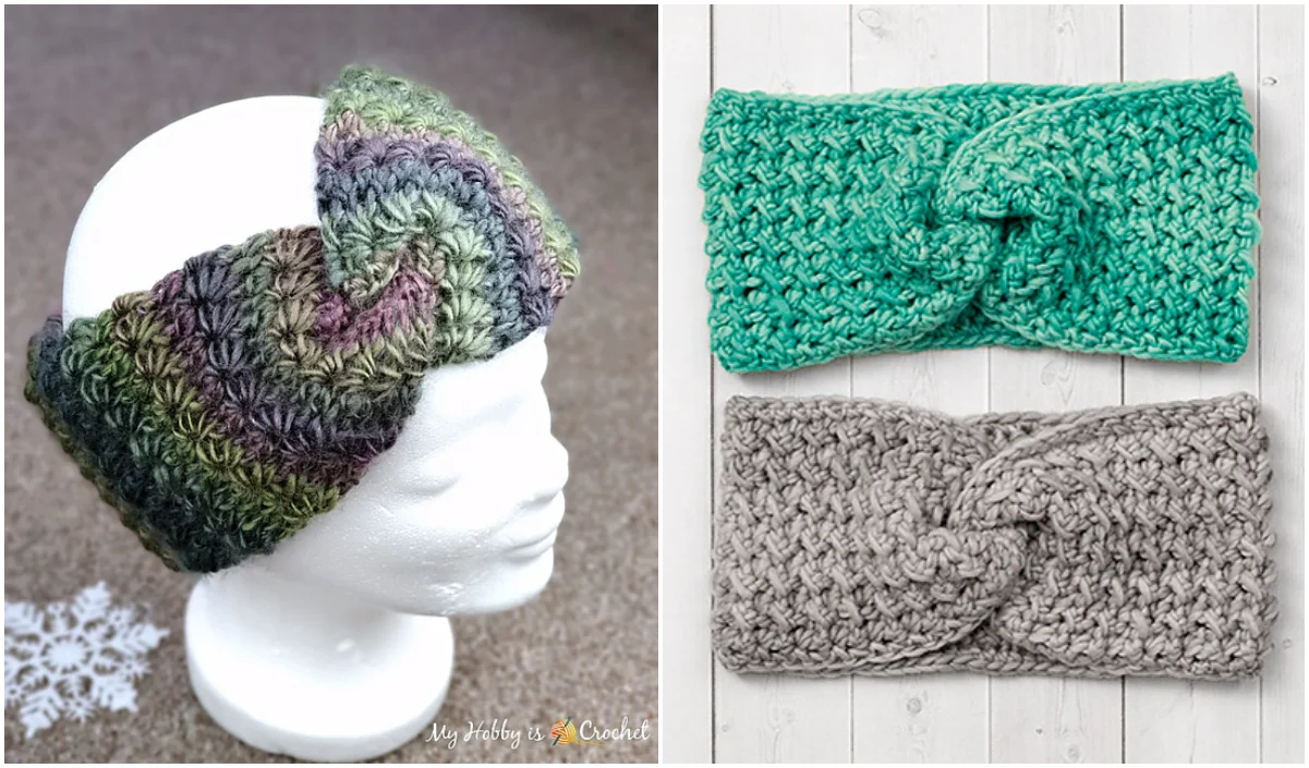 Displayed are crocheted ear warmers and a fashionable crochet headband. One ear warmer is shown on a mannequin head in vibrant multicolored yarn, while two lay flat—a green and a gray—each featuring elegant twisted front designs.