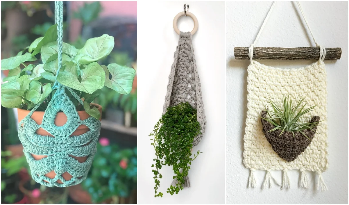 Three crocheted plant hangers with greenery: a turquoise hanging pot, a gray holder on a wooden ring, and a cream wall hanging with a twig.