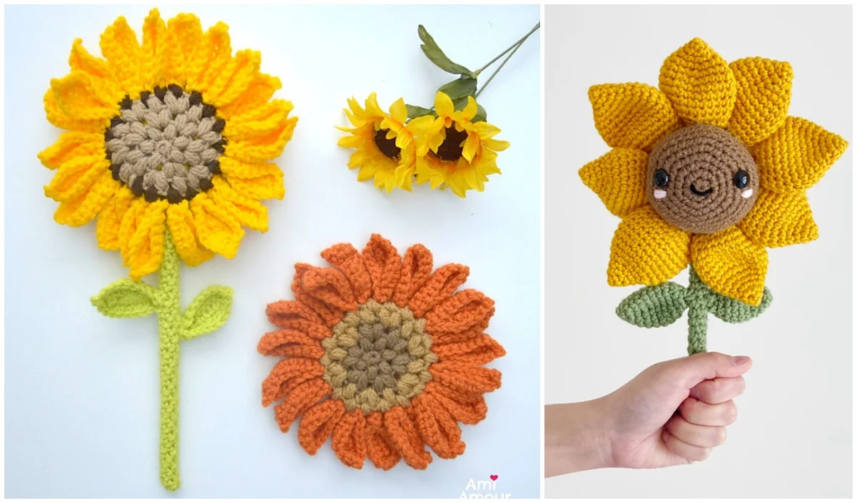 A hand proudly holds a crochet sunflower, complete with a cheerful smiley face, surrounded by three more beautifully crafted crocheted sunflowers.