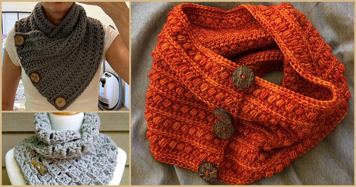 Three buttoned cowls: two worn, one in brown and another in light gray, and an orange one displayed flat, each featuring stylish button closures.