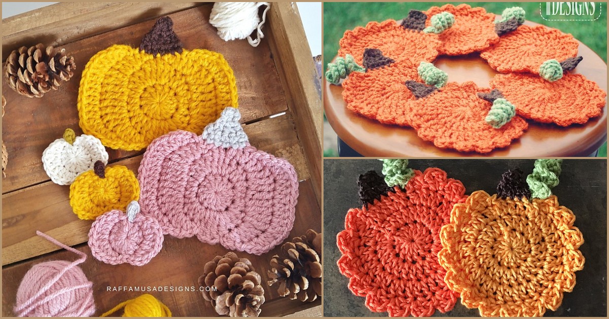 A collection of crocheted autumn-themed items, featuring pumpkins and pumpkin-shaped placemats, is artfully displayed on a wooden surface and table. Pinecones accent the scene, while fall crochet coasters add a charming touch.