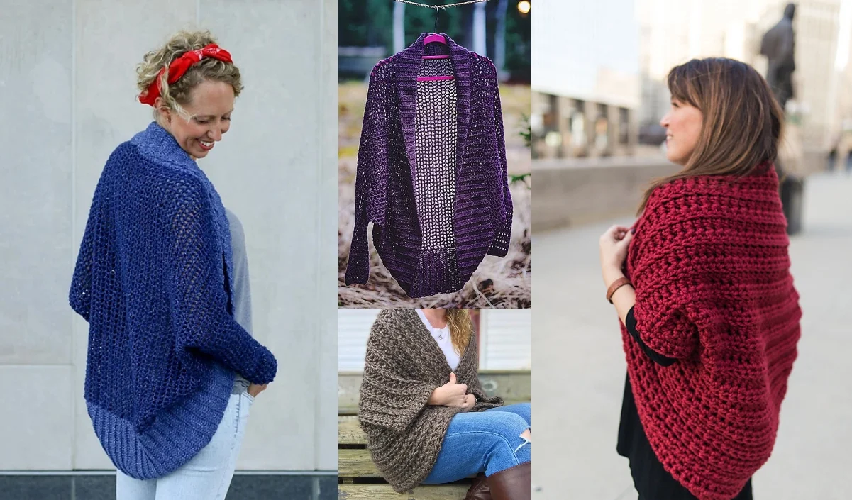 A collage of four images showcases people wearing cozy knitted cardigans and cocoon sweaters in blue, purple, brown, and red, captured in various poses and settings.