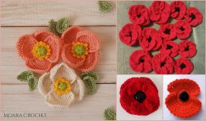 Various crochet flowers, including delicate poppy blooms, are artfully displayed on a rustic wooden surface.