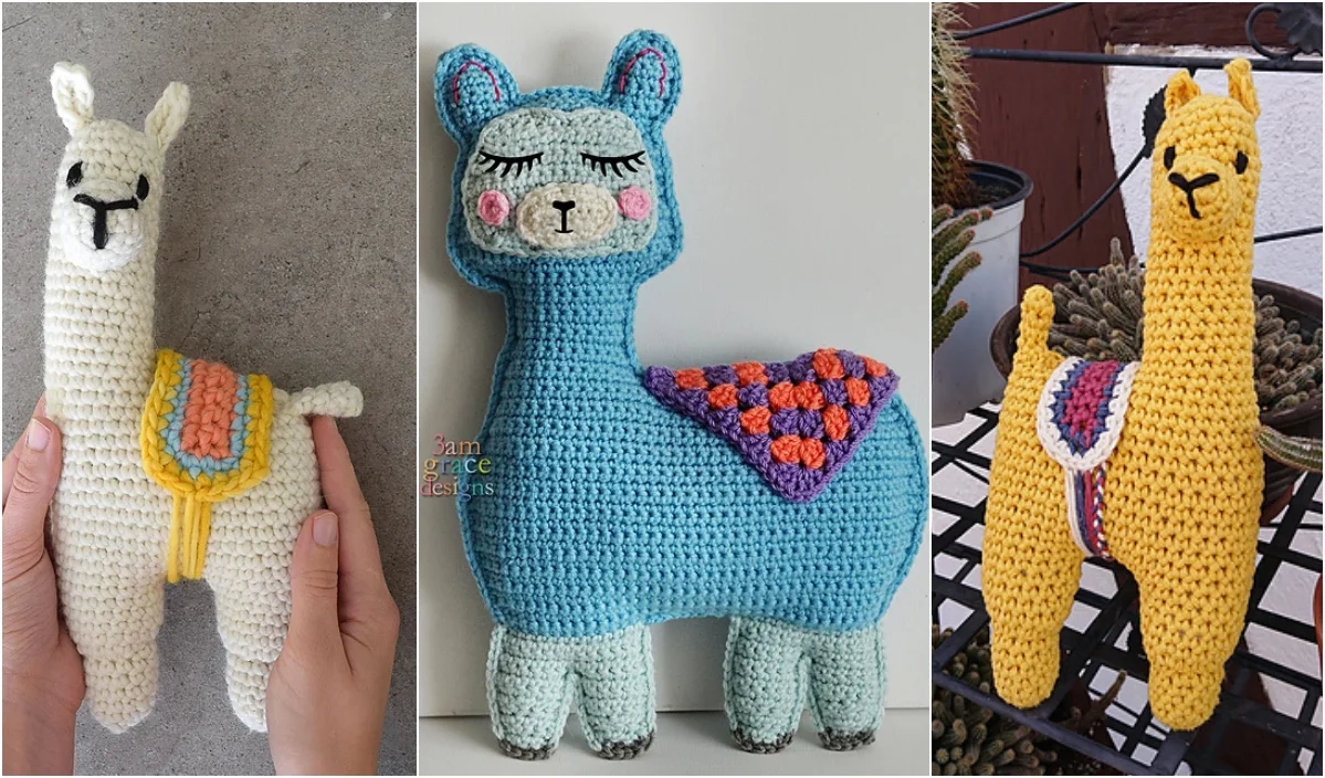 Three crocheted llama toys, each with unique crochet patterns: a white one sporting a colorful saddle, a blue alpaca with closed eyes, and a yellow one featuring a red saddle, all showcasing distinct design details.