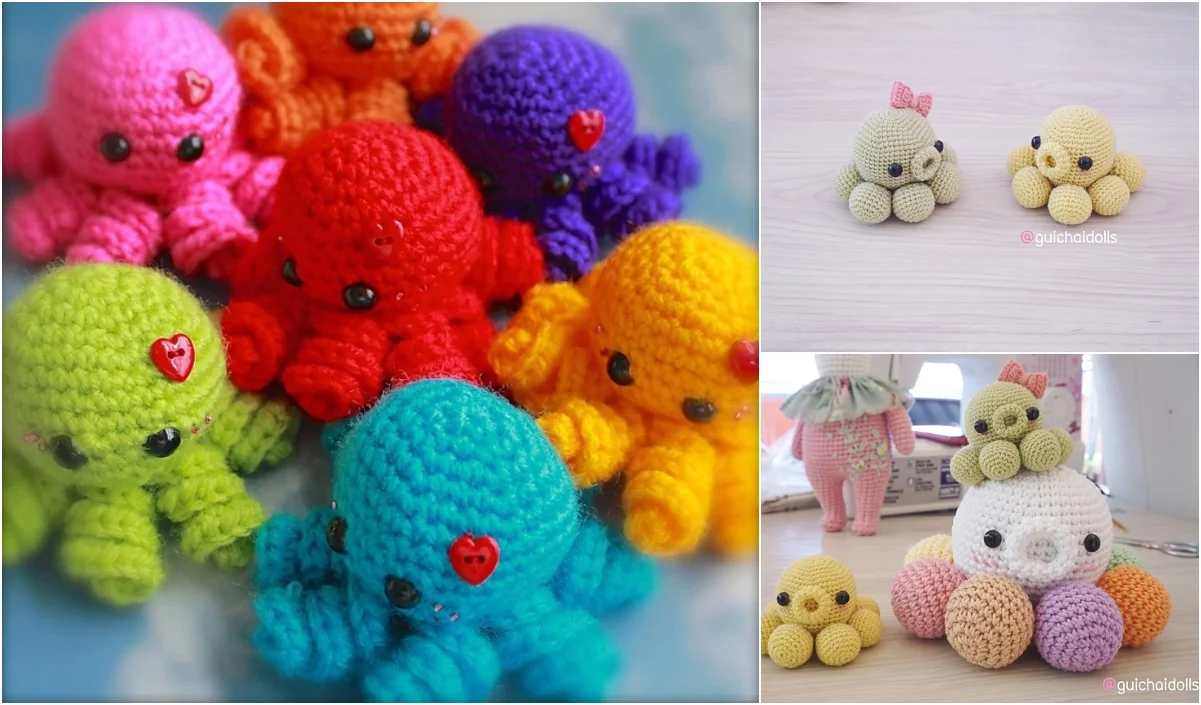 Amigurumi octopus toys, expertly crocheted in a delightful array of colors like pink, orange, purple, yellow, green, blue, and white, are charmingly displayed on a surface.