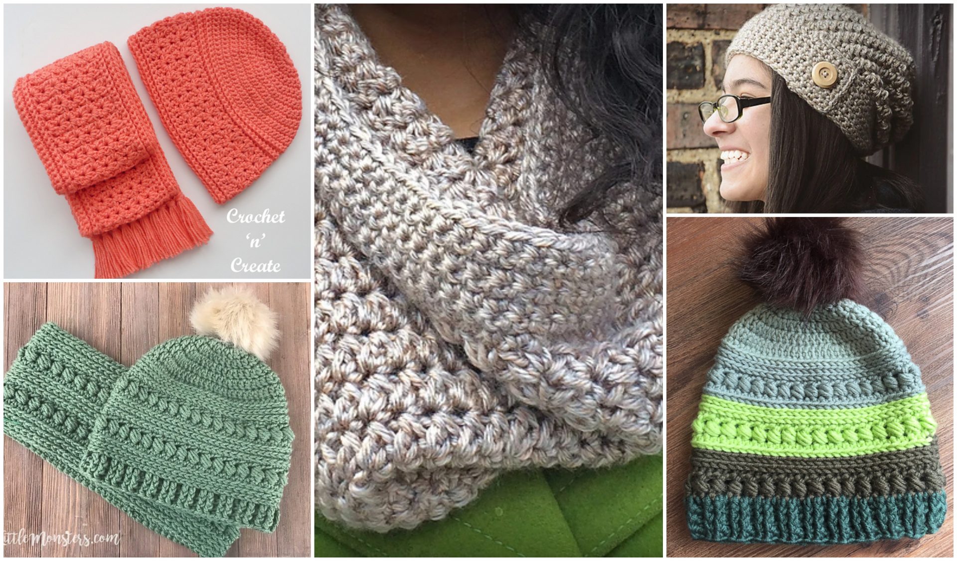 A collage of crocheted scarf and hat sets in various colors and styles, featuring beanies with buttons and pom-poms.