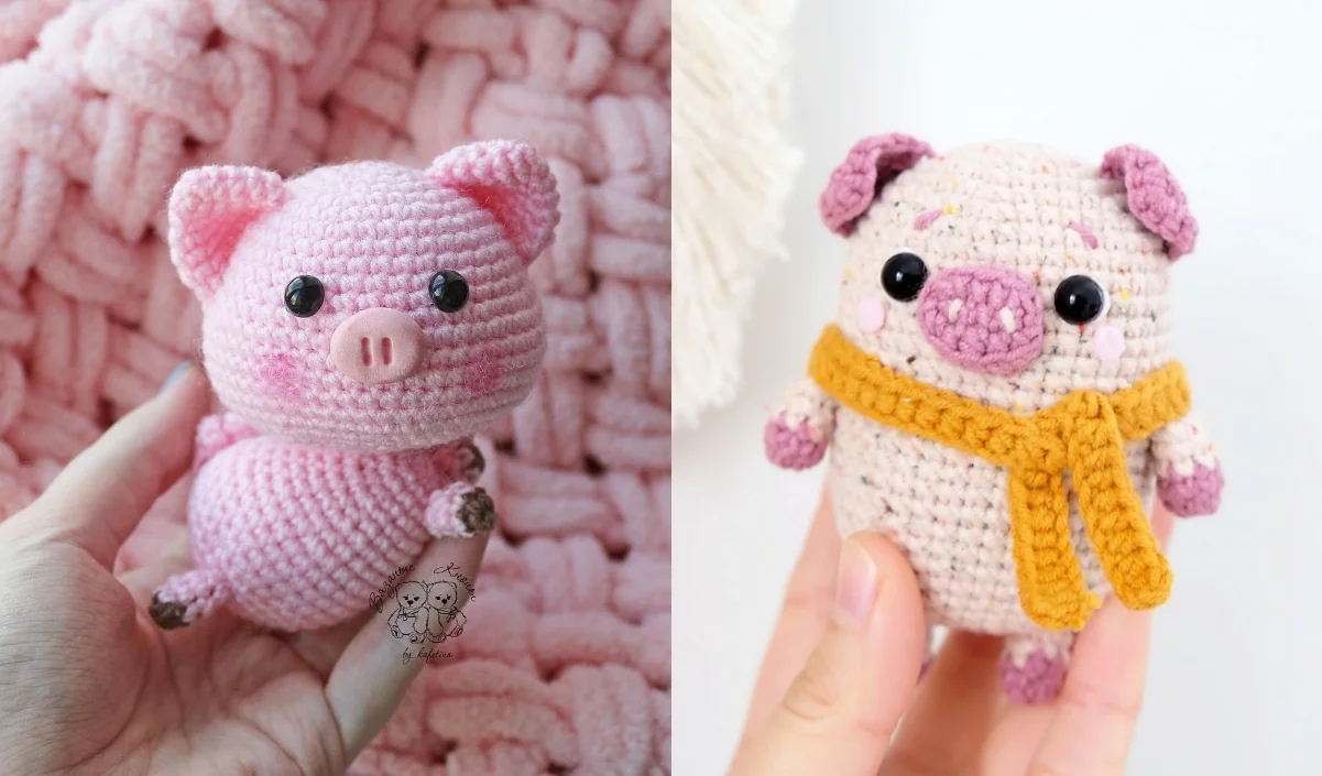 Two hand-crocheted little pig toys, one pink with a curled body on the left, and another with a pink and beige pattern wearing a yellow scarf on the right.