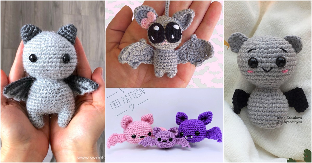 Four images of little amigurumi bats in various colors and styles, some adorned with bows and cheerful smiles.