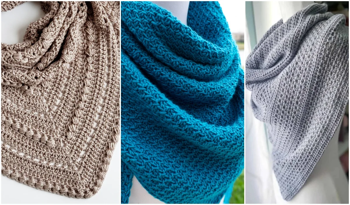 Three beautifully crafted crochet shawls in beige, teal, and gray are artfully displayed on a crisp white background.