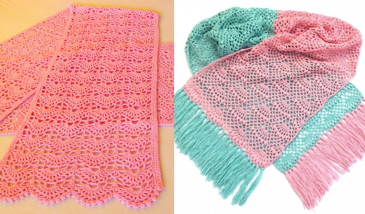 Two crocheted accessories: a solid pink, scalloped-edge scarf on the left and a delicate pink and mint green rectangle shawl with fringe on the right.