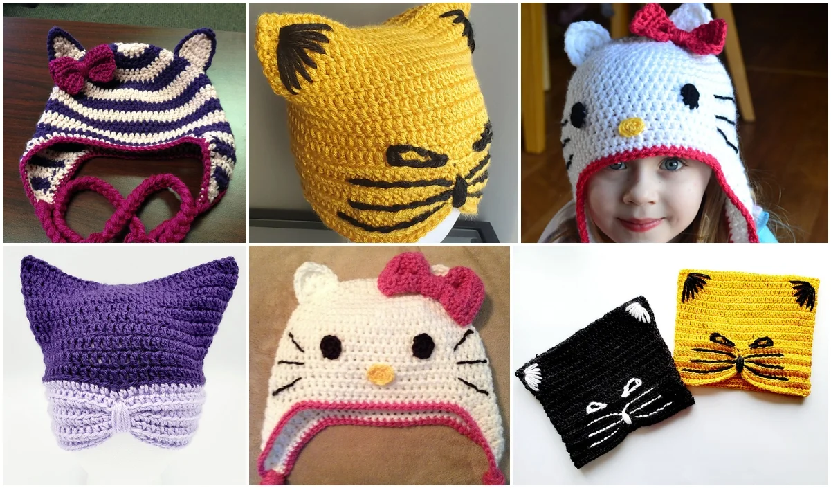 A collage of handmade cat hats and cloth items showcases delightful feline designs, adorned with stripes, bows, and ears in vibrant hues like yellow, purple, and black.