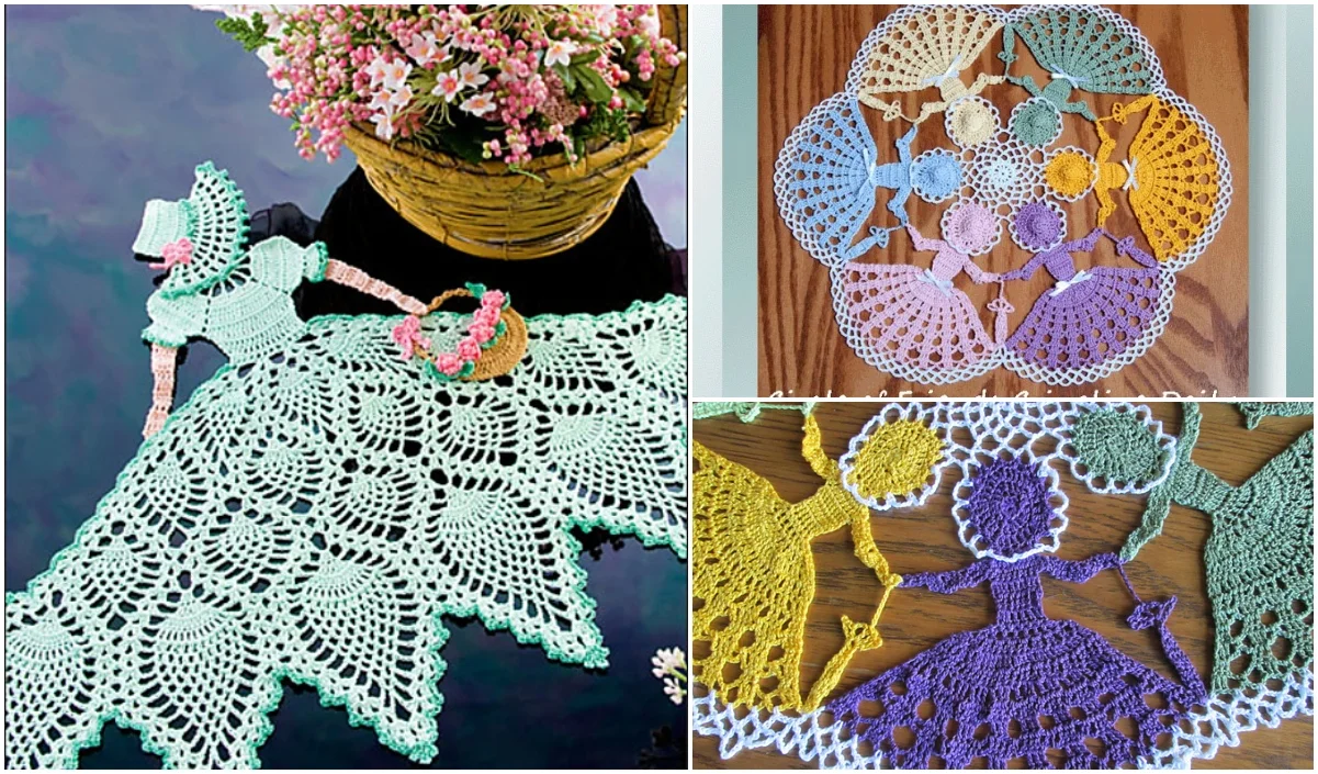 Collage of crocheted crinoline doilies featuring intricate patterns, a woman in a dress, and a basket of flowers.