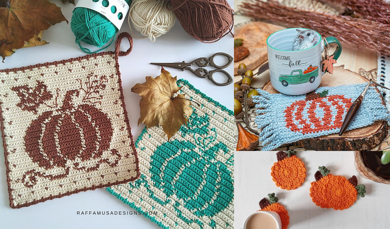 Autumn-themed crochet items featuring charming pumpkin table decorations. Includes pot holders, coasters, and a mug with a knitted cozy. Yarn and scissors are visible.