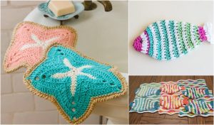 A bathroom features crochet washcloths in star and fish shapes, alongside vibrant scrubbies and a colorful crochet blanket on the wooden floor.