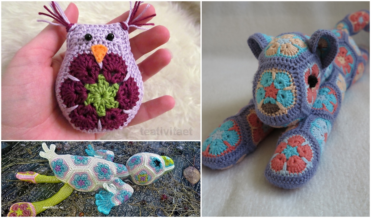 A crocheted owl rests in hand, accompanied by a giraffe and snake, each adorned with vibrant African flower patterns.