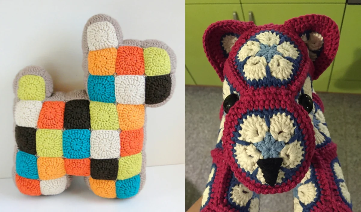 Two crochet stuffed animals are showcased: the left is an amigurumi from scraps, featuring a multicolored block-pattern bear. The right displays a pink and white patterned animal with a charming, bear-like face.