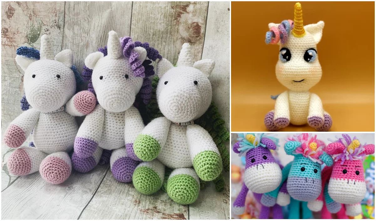 Three amigurumi baby unicorns grace the left, each boasting different colored hooves and manes, while two smaller crochet unicorns with bright colors enchant on the right.