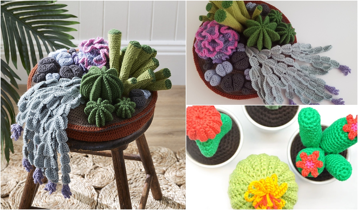 A home garden delight, crocheted cacti and succulents are artfully arranged in a basket on a stool. Close-up views reveal intricate crochet patterns and vibrant colors, capturing the essence of each charming cactus.