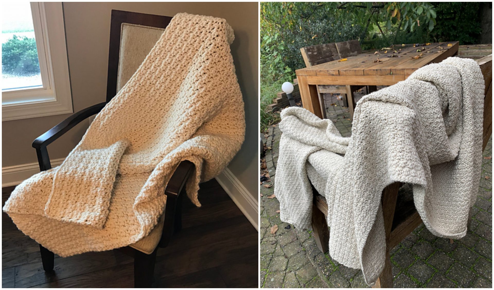 Two cozy, cream-colored knit blankets draped elegantly—one on an indoor chair and the other over a wooden chair outdoors.