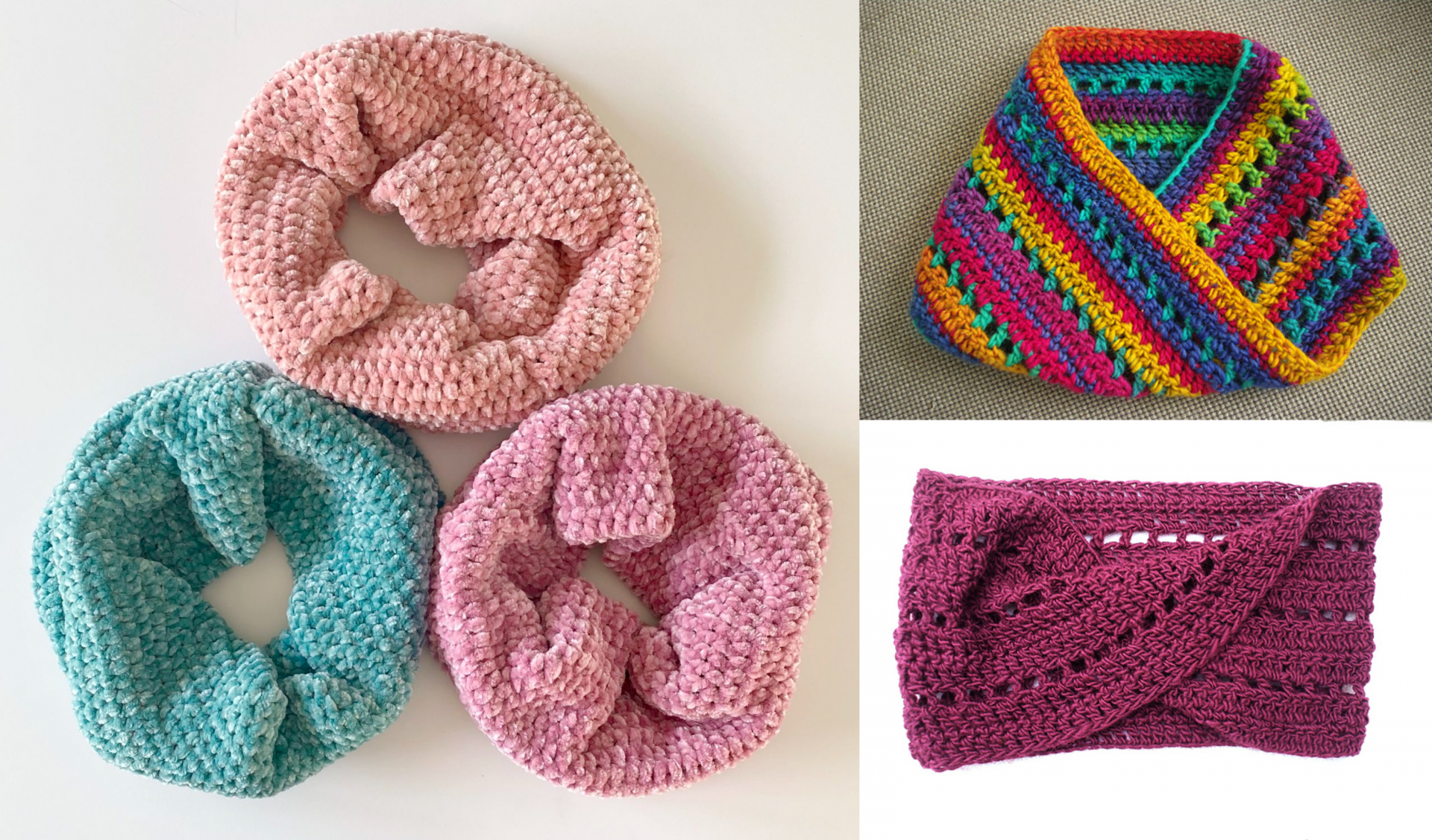 Four crocheted items: three pink and teal scrunchies, a multicolored headband, and a knitted purple scarf, perfect for pairing with easy cowls for a cozy look.