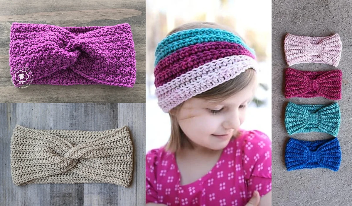 A collage featuring a girl wearing a crocheted earwarmer headband and several colorful crochet earwarmers on display.