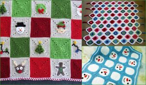 Three joyful crochet blankets: one with festive Christmas motifs, one with colorful hexagons, and one with charming snowmen designs.