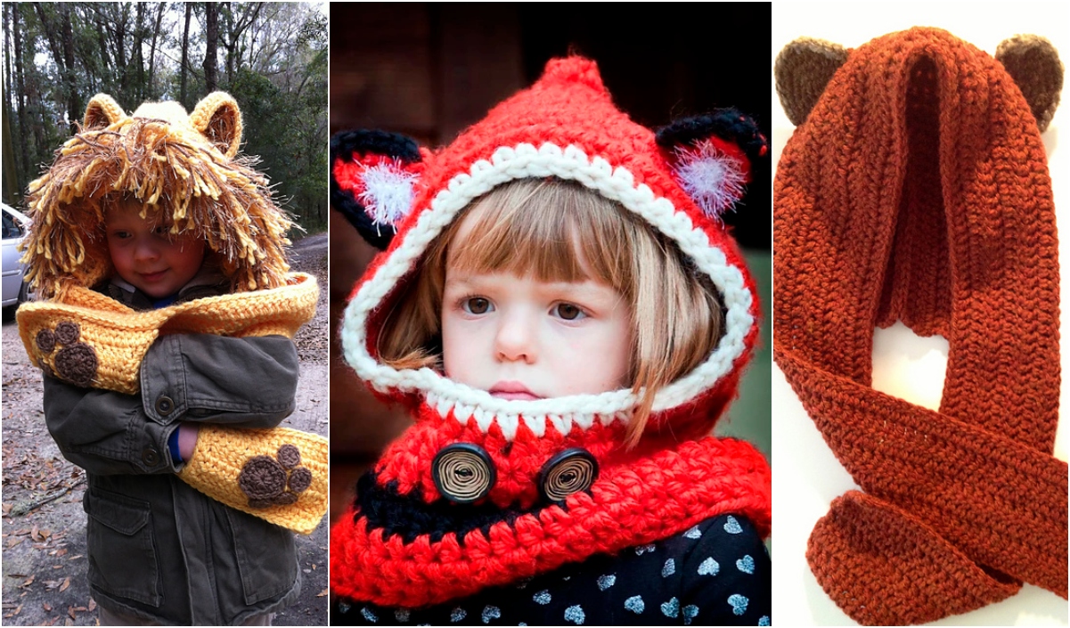 Children in adorable animal-themed attire: a lion with a playful hooded cowl on the left, a charming fox in the center, and a cozy bear scarf on the right.