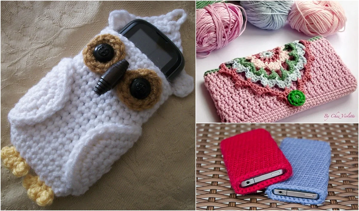 Three unique crocheted phone cases: an adorable owl-shaped one, a pink case with a green button and intricate pattern, and two classic rectangular cases in vibrant red and blue, all displayed on a woven surface.