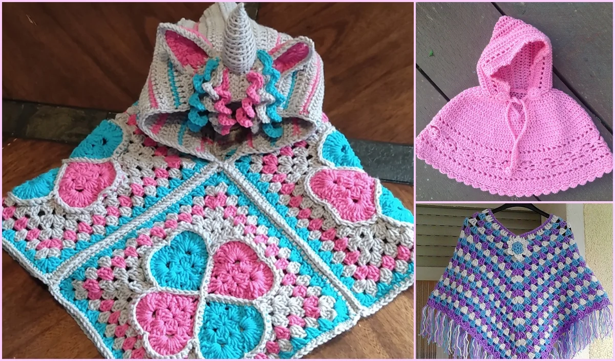 Three crocheted ponchos in delightful designs: one with vibrant multicolored squares, a cute pink baby poncho with a hood, and another featuring a charming purple and blue pattern complete with fringe.