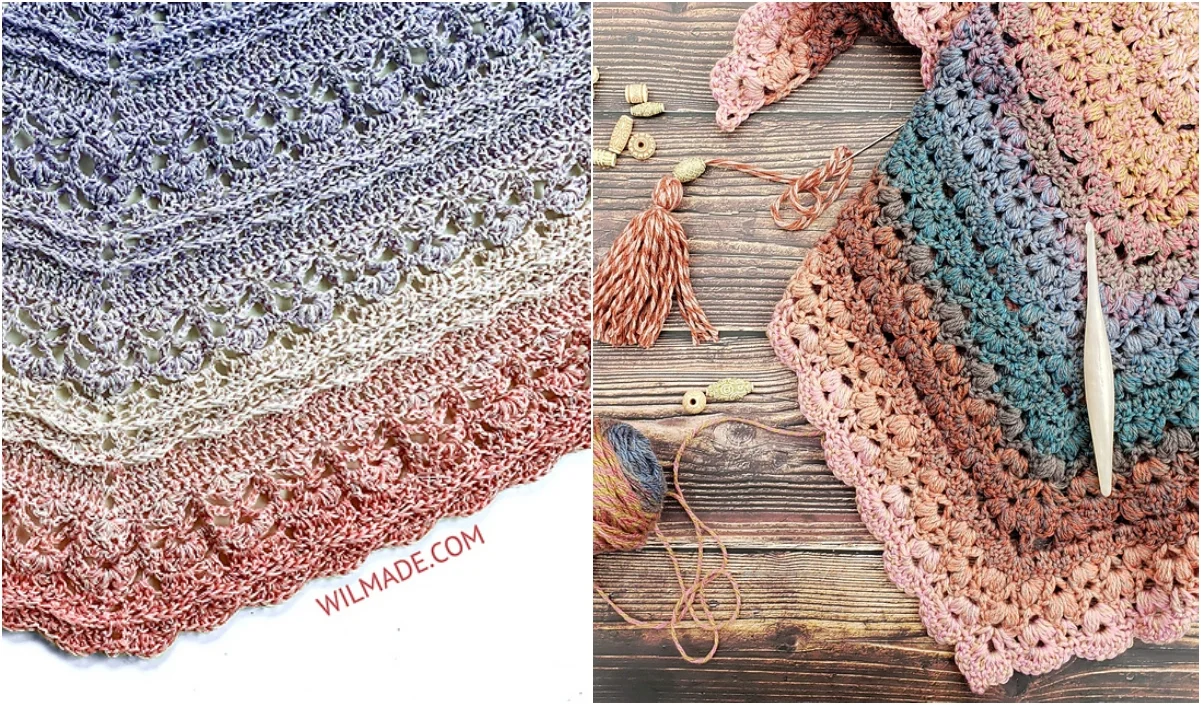 A crochet puff shawl with gradient colors is shown on the left. On the right, crochet tools and yarn are arranged with a partly finished puff shawl on a wooden surface.