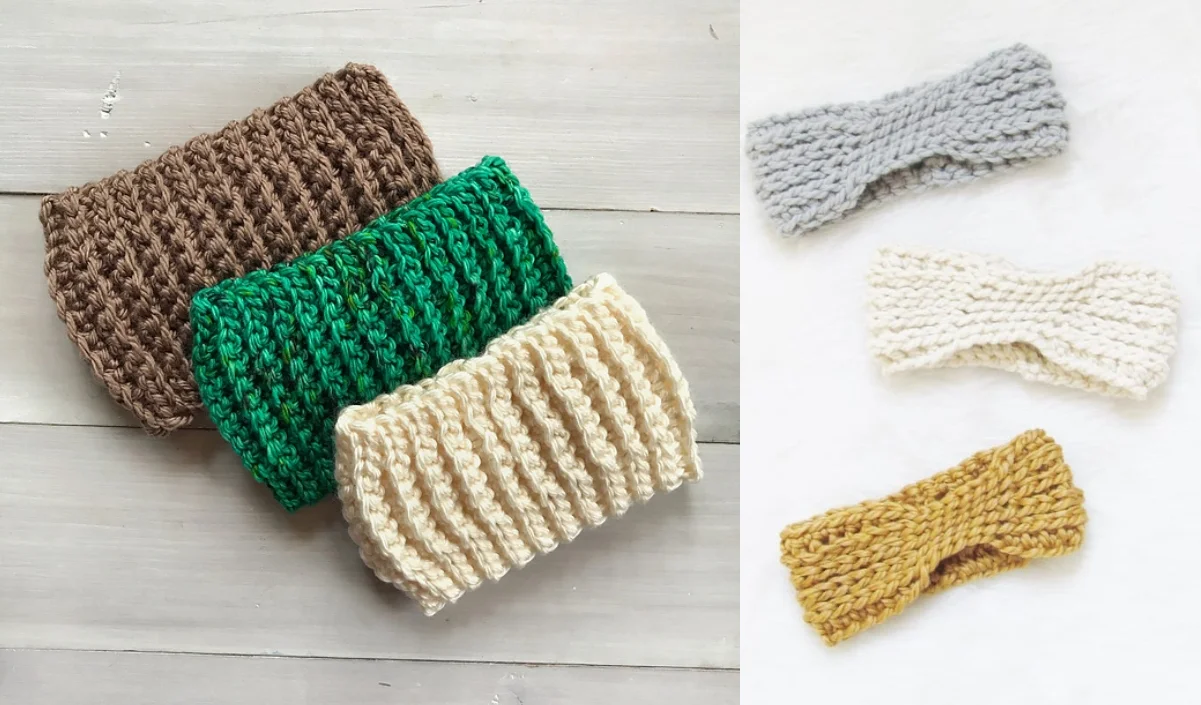 Knitted earwarmer headbands in brown, green, and cream grace the left side, while gray, cream, and mustard adorn the right. Displayed elegantly on a wooden and white background.