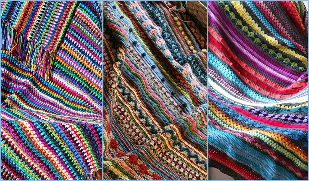 Three colorful, intricately patterned crochet blankets, including a striking striped blanket, are displayed side by side, showcasing a variety of stitches and vibrant hues.