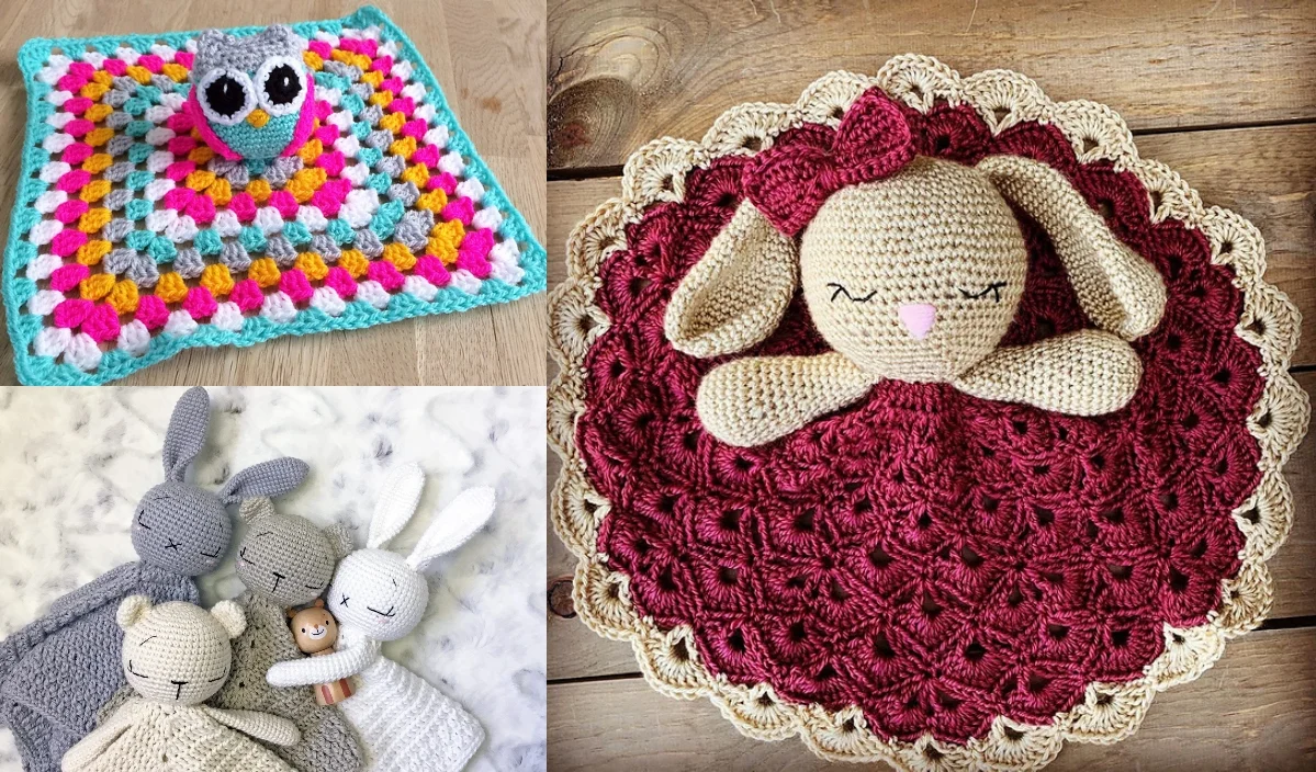 Three crochet baby lovey blankets: A colorful owl on a square, a maroon and cream bunny on a round blanket, and a group of sleeping bunnies on a multicolored rectangular blanket.