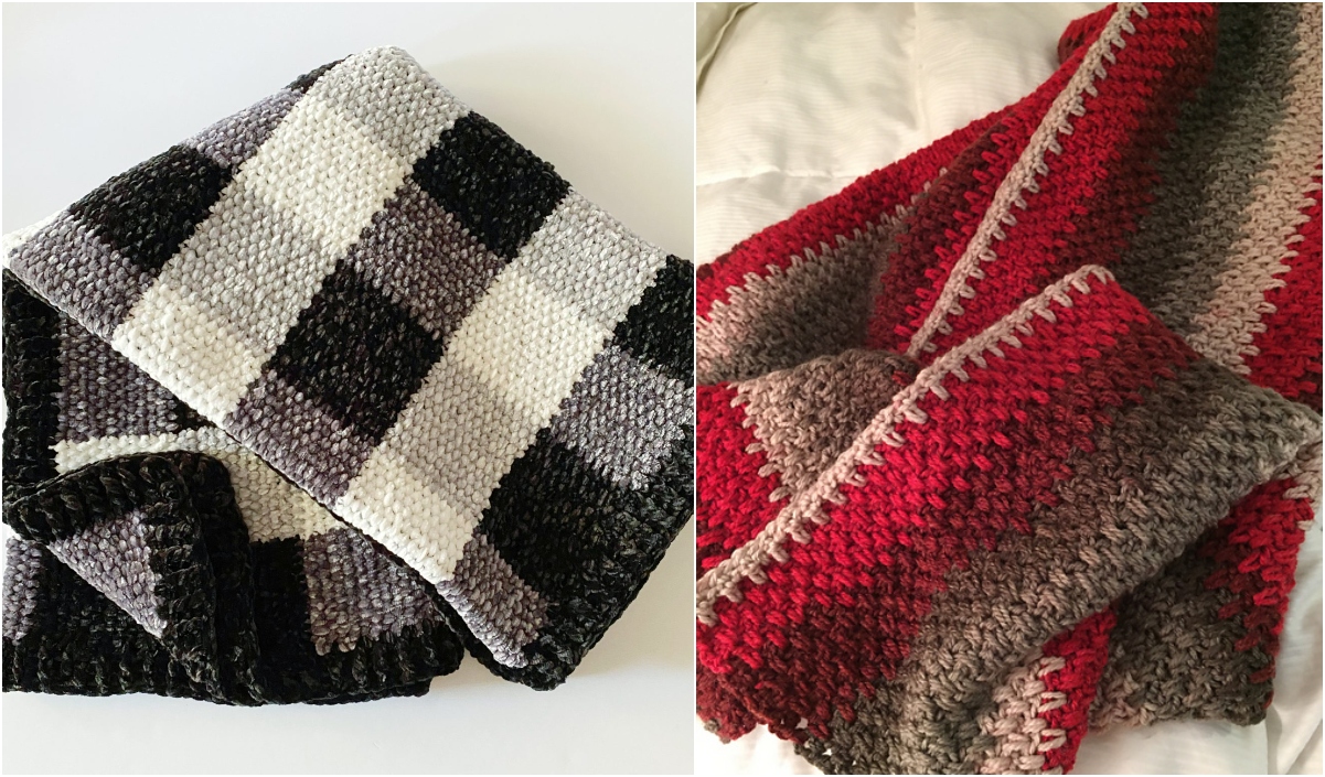 Two cozy crocheted blankets are shown: one with a black, gray, and white checkerboard pattern, and the other with red, gray, and beige stripes. Both are folded neatly on a white surface.