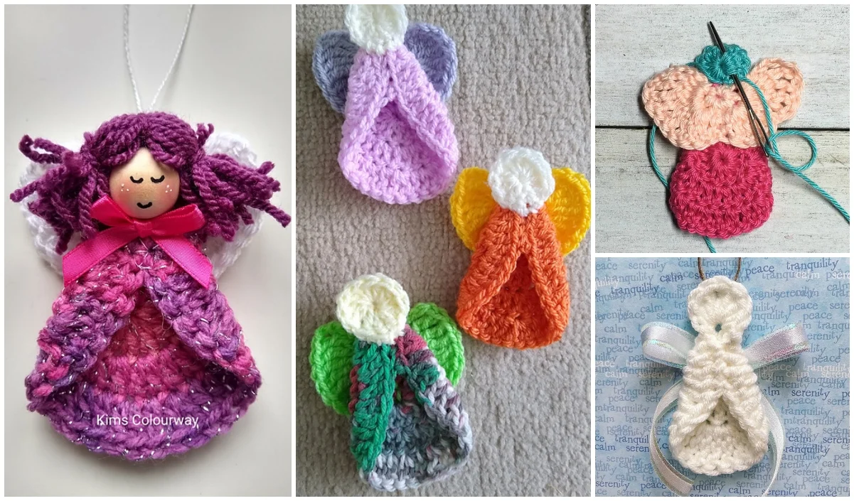 A collage of four crocheted angel ornaments in various colors and styles. Each ornament features unique designs and color combinations, complete with intricate details like bows and wings.