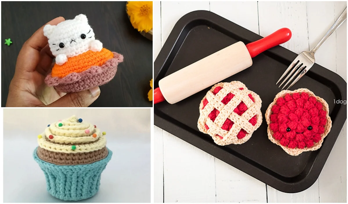 Amigurumi creations: a crocheted cupcake featuring a cat, another with sprinkles, and two charming pie slices on a tray complete with a rolling pin and fork.