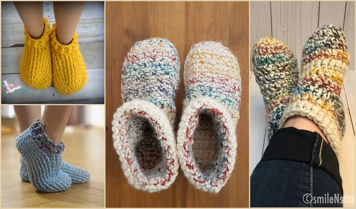 A collage of chunky slippers in various colors, styles, and textures is artfully displayed on wooden and fabric backgrounds.