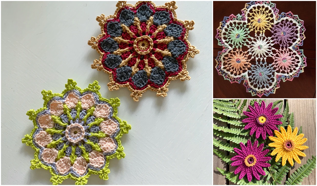 Three images of crocheted doilies: two circular and multicolored, and one shaped like vibrant gerbera flowers with green leaves on a wooden surface.