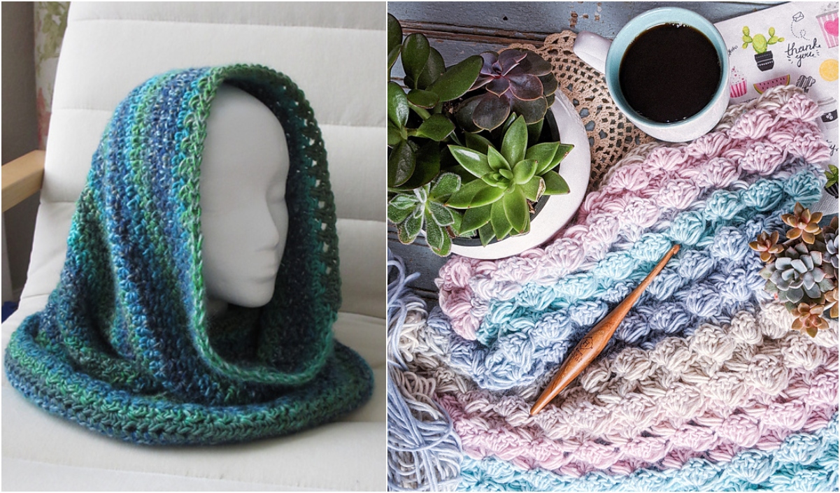 Left: Mannequin head wearing an autumn hooded cowl in green knit. Right: Multicolored knit project with a crochet hook, surrounded by succulents and a cup of coffee.