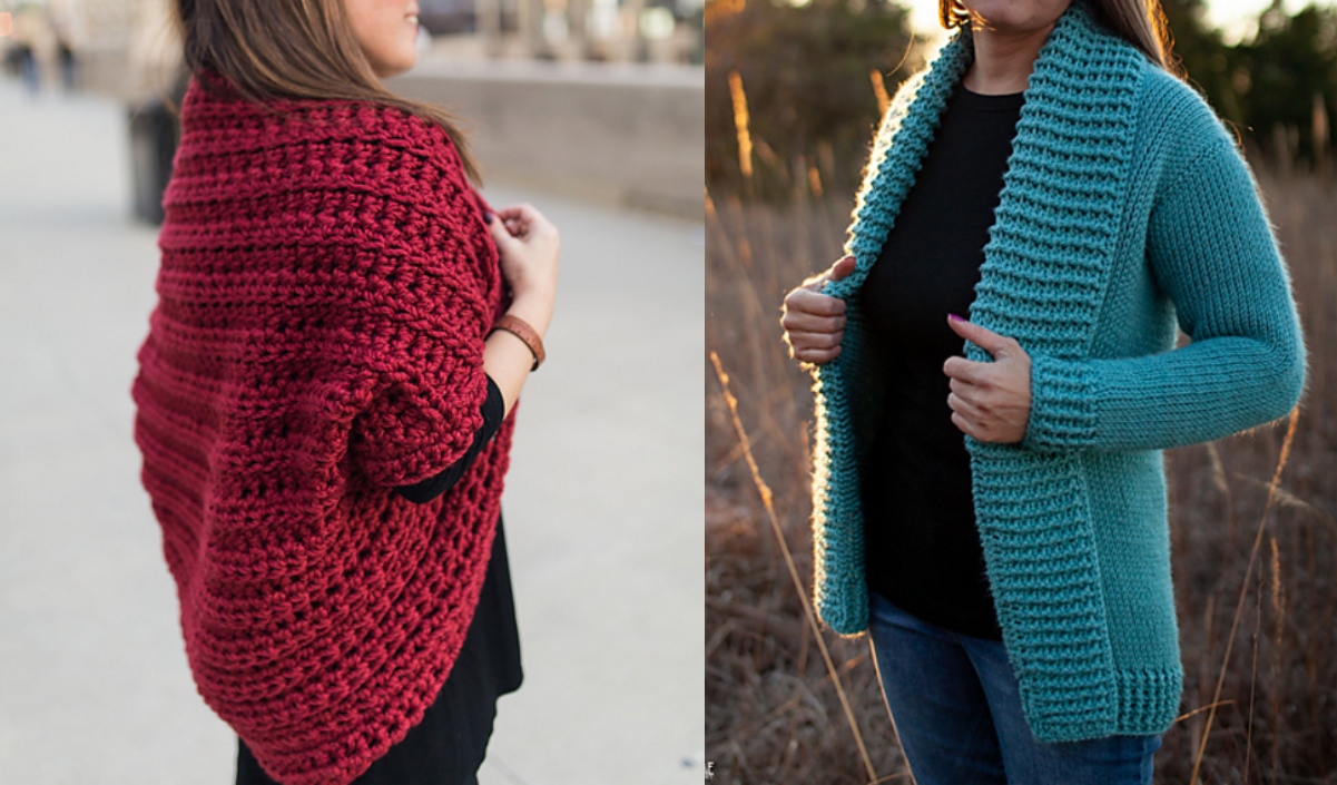 Two people showcasing hand-crocheted cardigans, one in red and the other in teal, bask in the natural light, each exuding the cozy charm of a warm sweater.