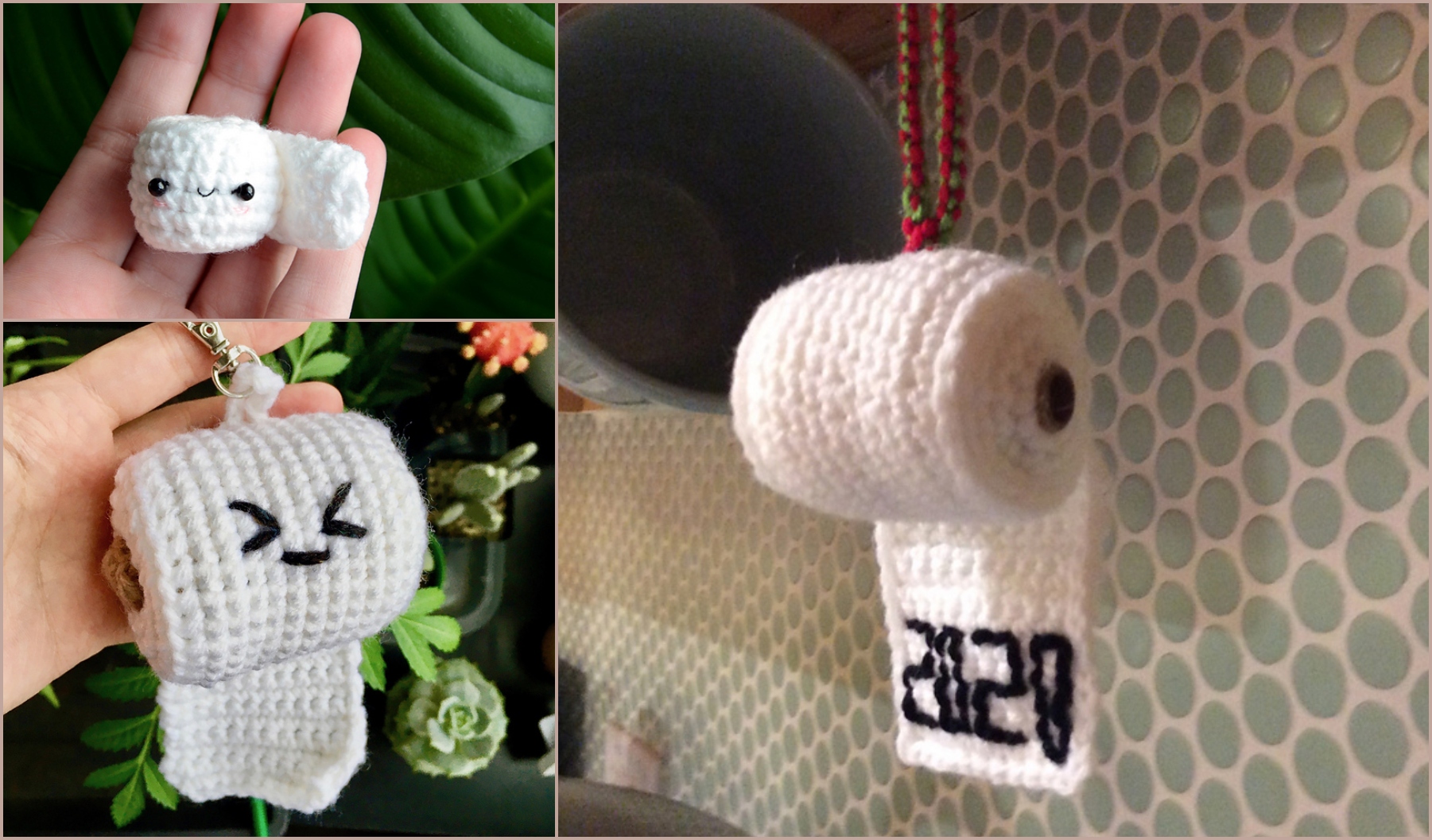 Three whimsical toilet paper ornaments, each crafted as a crocheted keychain with unique expressions, set against vibrant backgrounds.