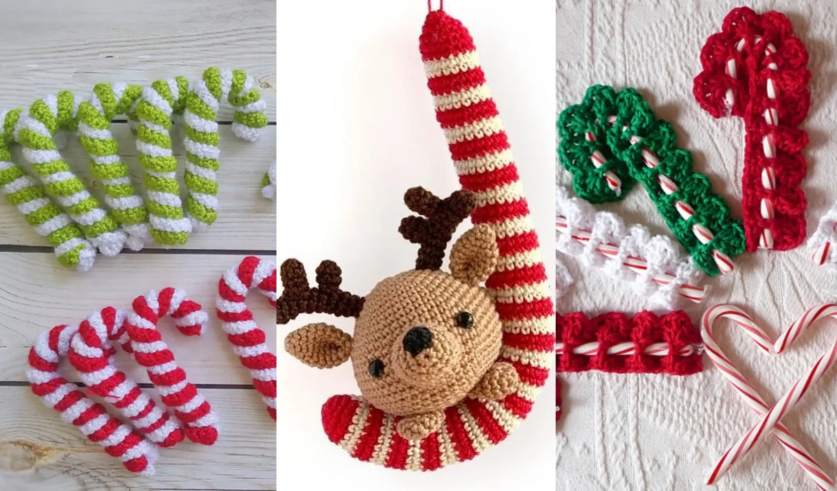 Discover three charming panels featuring crocheted candy canes: a festive green and white, a whimsical red and white adorned with a reindeer, and a vibrant red/white/green paired with real candy canes. Perfect inspirations for your next project using a candy cane free crochet pattern.