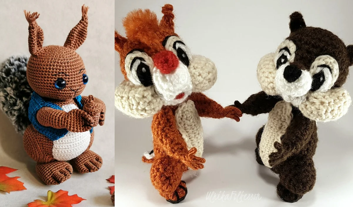 Three crocheted animals: a squirrel with a blue vest on the left, and two chipmunks holding hands on the right, cleverly crafted using a delightful chipmunk crochet pattern.