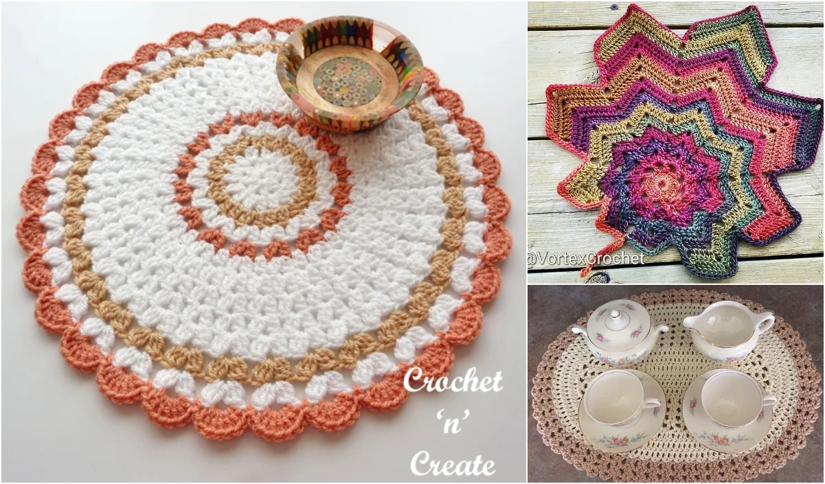 Collage of crochet doilies: a circular doily with a wooden bowl, a colorful star-shaped doily, and an oval doily with a tea set on top. These intricate pieces serve as charming table mats, each inspired by free crochet patterns to bring elegance to any setting.